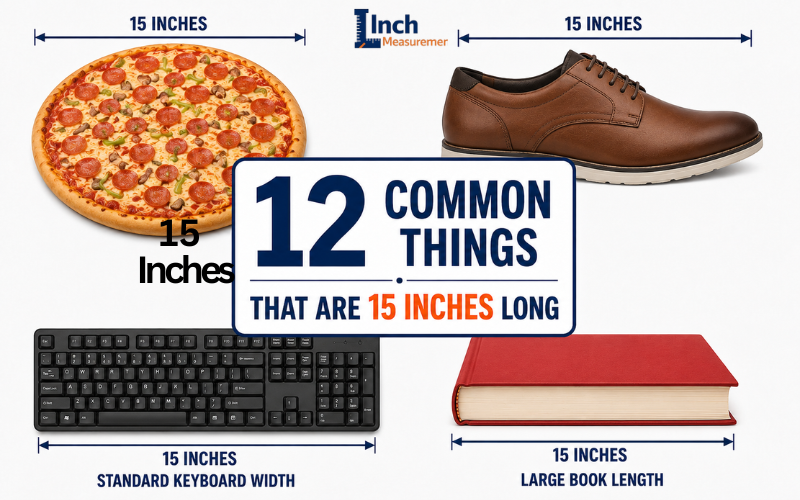 15 inches common things infographic featuring pizza, men's shoe, standard keyboard, and large book