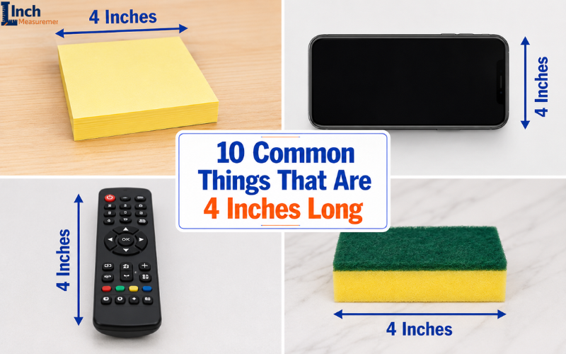 How long is 4 inches featured image with sticky note, smartphone, TV remote, and kitchen sponge
