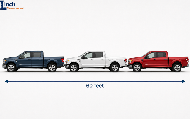 Three pickup trucks parked end to end measuring 60 feet